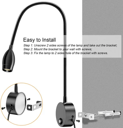 Miniatura 7 de ERAY 1 paquete de 1 luz LED de lectura para cama montada en la pared Touch Control, 3 Dimmable, 360°Flexible Gooseneck Headboard Book Reading