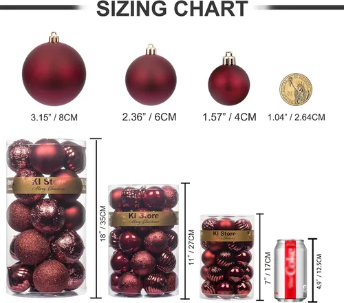 Miniatura 7 de KI Store Bolas de Navidad Borgoña 34 piezas 2.36-Pulgadas Adornos de Decoración para Árbol de Navidad para Árbol de Navidad Vacaciones Corona