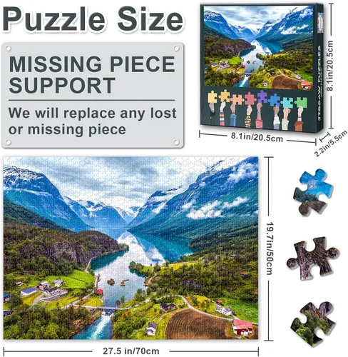 Miniatura 3 de Rompecabezas para adultos – Paisaje natural de Noruega, 28 x 20 pulgadas, detalles intrincados, juegos de salón, Geirangerfjord Reine, rompecabezas