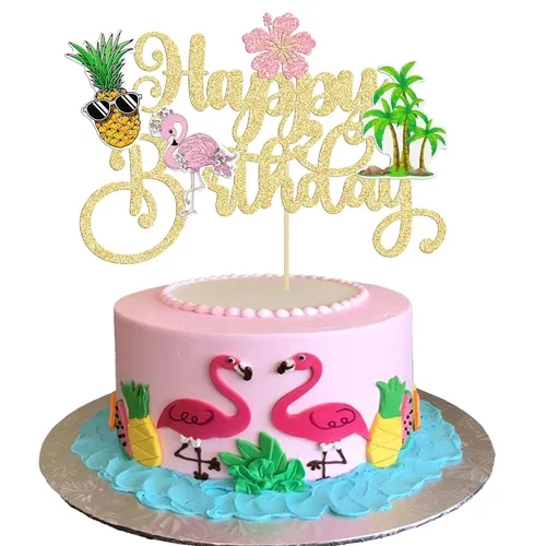 Gyufise 1 pieza de decoración de pastel de feliz cumpleaños tropical hawaiano Luau pastel Pick Glitter Flamingo Flower Plam Leave Pineapple Cake