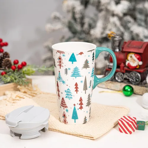Miniatura 5 de Taza de café de cerámica de árbol de invierno de 17 onzas con tapa y caja de regalo, divertida taza de té de porcelana multicolor con leche, apta