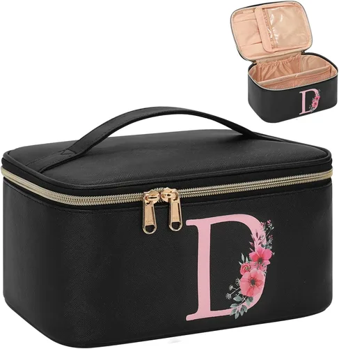 Miniatura 20 de OCHEAL Bolsa de maquillaje personalizada, bolsa de maquillaje beige para mujer, kit de aseo de viaje con monograma, organizador de cosméticos listo