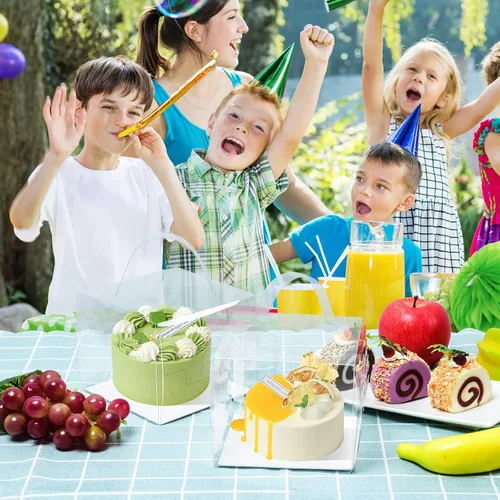 Miniatura 7 de BURLIHOME 25 cajas transparentes para pasteles, cajas de panadería de 5 x 5 x 4 pulgadas con asa, cajas de recuerdo de fiesta ideales para pasteles