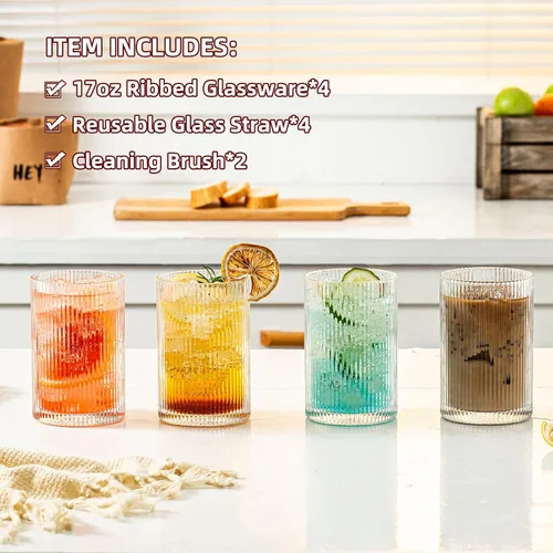 Miniatura 4 de INSETLAN Juego de 4 vasos de cristal acanalados de 17 onzas, vasos de cristal juego de cristalería vintage grande, vasos de cóctel estilo origami