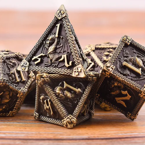 Miniatura 4 de AUSTOR Juego de dados de metal DND de 7 troqueles, juego de dados poliédricos de Calabozos y Dragones con caja D20 D12 D10 D% D8 D6 D4 para Bronce