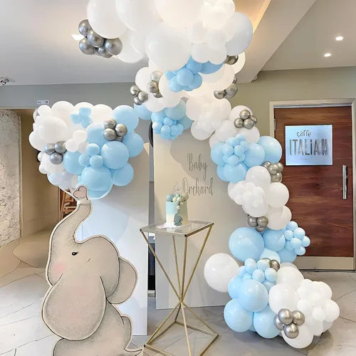 Miniatura 5 de Kit de arco de globos azules y blancos, 120 guirnaldas de globos azul claro pastel, globos de látex de 18, 12, 10, 5 pulgadas para niños