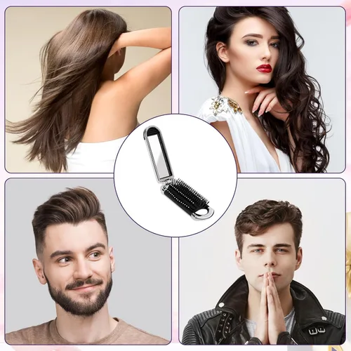 Miniatura 7 de Paquete de 1 cepillo de pelo compacto plegable con espejo, peine de masaje de bolsillo de viaje para peinar el cabello, gimnasio, viajes y bolso