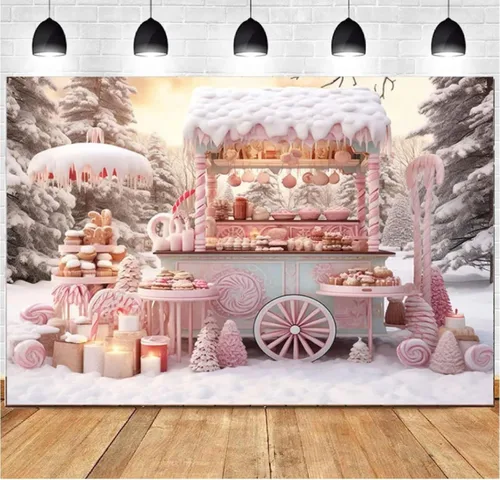 Miniatura 2 de Fondo fotográfico de Navidad rosa de 7 x 5 pies, tienda de golosinas de nieve de invierno, árbol de pino, niña, fiesta familiar, decoración