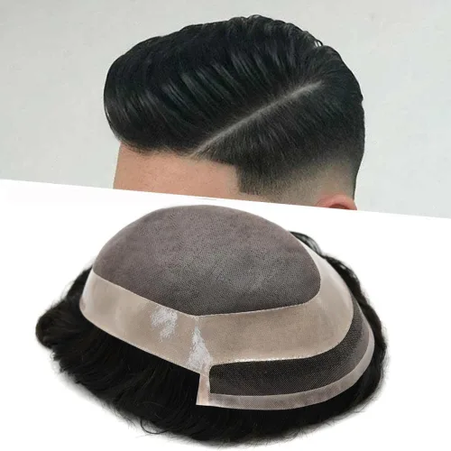Sistema de reemplazo de piezas de cabello para hombre, cabello humano real, mono tupé fino para hombres, línea capilar natural, extensiones 1# Negro