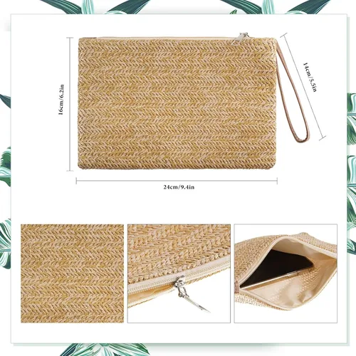Miniatura 2 de Bolsa de mano de paja para mujer, 6 piezas, estilo bohemio, para verano, playa, bolso de paja tejido hawaiano, bolsos de paja para mujer, bolsos
