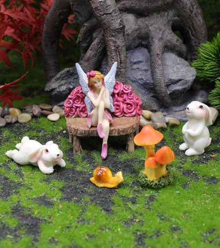 Accesorios de jardín de hadas, kit de jardín de hadas, hadas, conejos y setas, juego de 6 mini figuras y adornos para decoración al aire libre o en