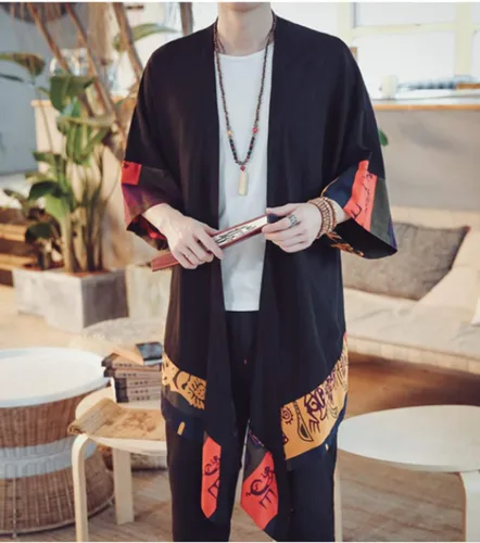 Miniatura 4 de HZCX FASHION Chaqueta tipo kimono larga de lino y algodón para hombre