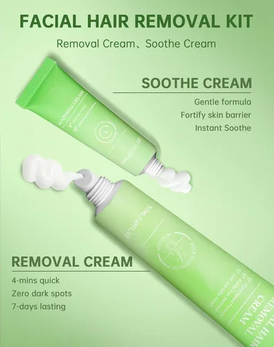 Miniatura 5 de Crema de depilación facial sin dolor para mujeres - Kit 2 en 1 con crema calmante para piel sensible Removedor de vello de labio superior