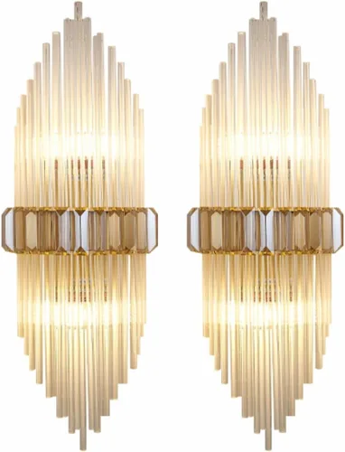 BOKT Aplique de pared de cristal moderno, paquete de 2 lámparas de pared doradas, decoración minimalista, iluminación de pared posmoderna de cristal