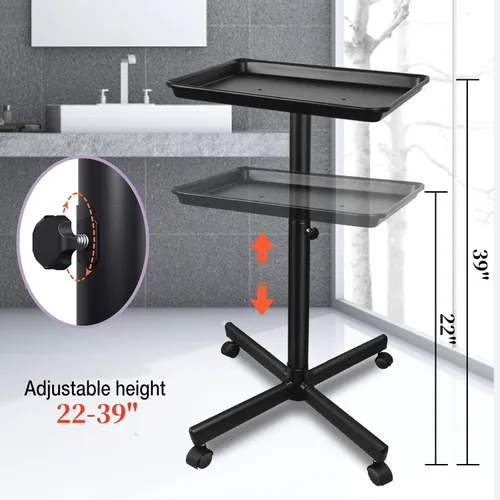Miniatura 2 de Bandeja de salón, carrito de bandeja rodante de salón con pies de metal, bandeja de color para salón, bandeja de tatuaje con ruedas, bandeja de Negro