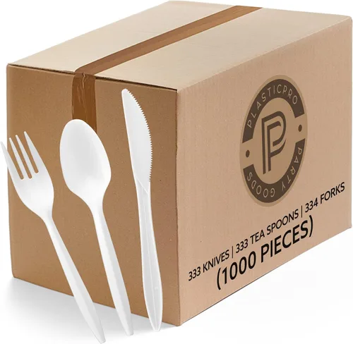 Miniatura 10 de Plasticpro Cubiertos Tenedores de plástico cubiertos desechables de peso medio (blanco, 1000 tenedores)