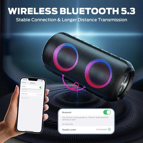 Miniatura 7 de BUGANI Altavoces Bluetooth Luster, altavoz estéreo inalámbrico portátil con luces coloridas, sonido fuerte, Bluetooth 5.3, tiempo de reproducción