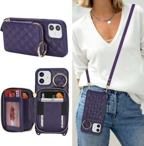 Miniatura 8 de Funda Cartera Bandolera para iPhone 11, Cuero PU Cremallera Bolso Cartera Funda Plegable con Tapa, Funda Folio con Soporte con Ranuras para Tarjetas