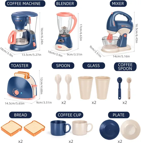 Miniatura 7 de Yalujumb Accesorios de cocina de juguete, aparatos de cocina de juguete con cafetera, licuadora, mezcladora, tostadora con luces y sonidos