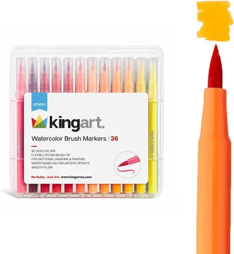 KINGART Juego de marcadores de pincel para acuarela, 36 colores vivos, puntas de nailon flexibles para dibujar, dibujar, caligrafía y pintura,