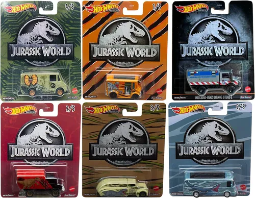 Hot Wheels World Dino Cars Jurassic Dominion Beasts con vehículos de dinosaurio premium + Monster Truck / autobús / Van / Off Road + MERC Benz Unit