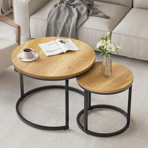 Miniatura 7 de Smuxee - Juego de 2 mesas de café anidadas, mesa redonda de café de 23.6" de madera marrón con pies antideslizantes ajustables, mesa auxiliar