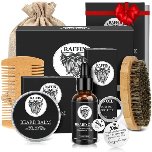 Regalos para papá – Kit de barba con aceite de barba, bálsamo, cepillo, peine y llavero adicional, juego de cuidado personal para hombres y recuerdo