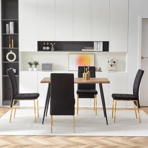 Miniatura 4 de Howtek Juego de mesa de comedor rectangular para 4, moderno de mediados de siglo con 4 sillas de cocina de terciopelo tapizado negro, juego de mesa