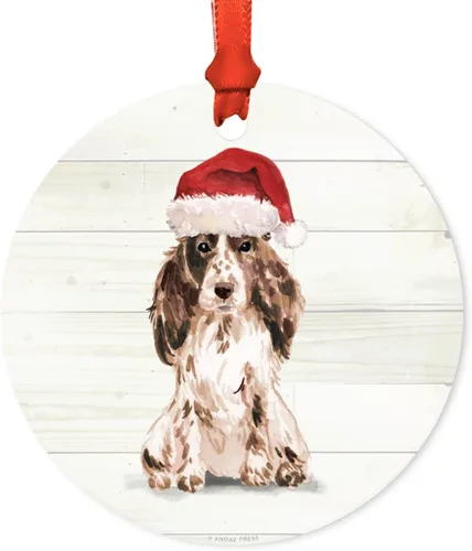 Miniatura 41 de Andaz Press Adorno de Navidad de metal personalizado para perro, perro y mascota, cocker spaniel con sombrero de Papá Noel, 1 paquete, incluye cinta