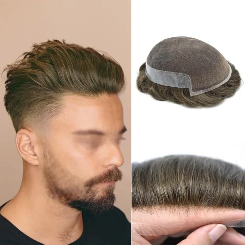 Miniatura 171 de Sistema de repuesto de cabello humano europeo con encaje frontal suizo para hombre, tupé para hombre, pieza de cabello, nudo blanqueado, línea #17