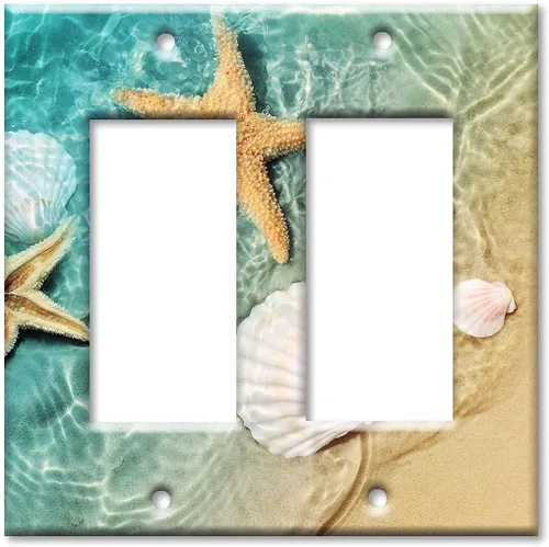 Miniatura 11 de Art Plates - Cubierta de placa de interruptor de luz de metal de 2 bandas - Placa de pared decorativa de dos bandas - Conchas de mar y peces