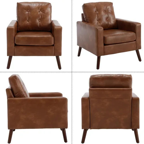 Miniatura 3 de BESTANO Silla decorativa marrón, sofá individual copetudo de piel sintética, silla de club de gran tamaño, sillón moderno de mediados de siglo