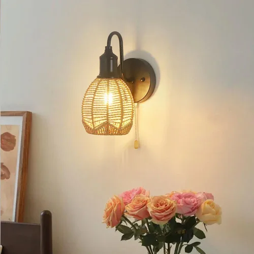 Miniatura 4 de Lámpara de pared de ratán, aplique de pared vintage de granja, lámpara de pared negra retro con tirador, iluminación interior cableada para sala
