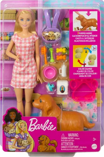 Miniatura 7 de Barbie Juego de muñecas y mascotas, color rubio con mamá perro, 3 cachorros recién nacidos con función de cambio de color y accesorios para mascotas