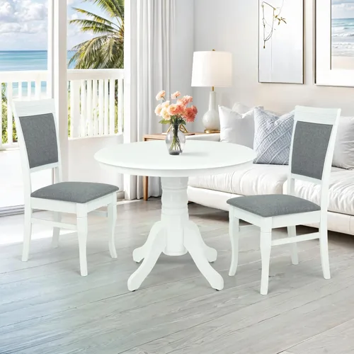 Miniatura 12 de Juego de mesa de comedor de 3 piezas, 2 sillas tapizadas Ronda de madera maciza de estilo clásico con mesa de comedor redonda, juego de cocina