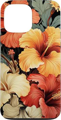 Funda para iPhone 13 Pro Max con diseño tropical hawaiano amarillo rojo hibisco plumeria