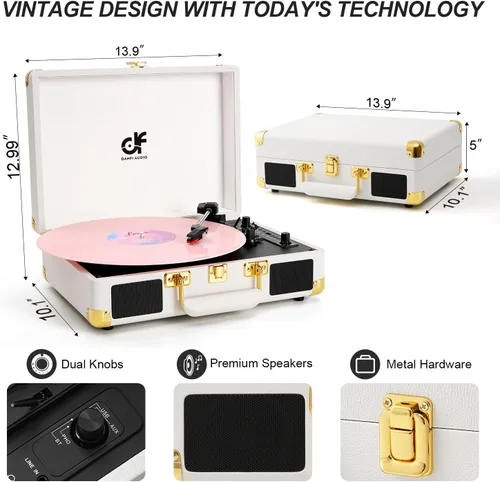 Miniatura 8 de Tocadiscos con entrada Bluetooth y grabación USB, altavoces estéreo integrados, reproductor de vinilo portátil de maleta de 3 velocidades
