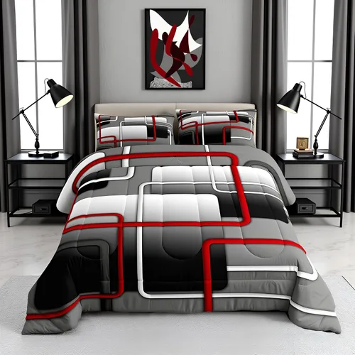 Miniatura 28 de Juego de edredón de rayas rojas y negras, juego de ropa de cama tamaño King con ondas circulares abstractas, geométrico, espiral, acolchado, 3 Multi
