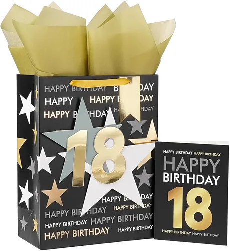 Loveinside Bolsa de regalo de cumpleaños número 18 para hombres, diseño negro y dorado de 18 pulgadas con papel de seda y tarjeta de felicitación
