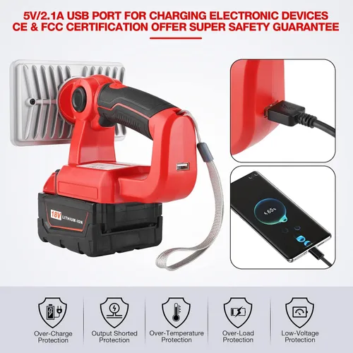 Miniatura 5 de Luz de inundación portátil de 18 W, 2000 lm, compatible con batería Milwaukee de 18 V, linterna con puerto USB-A para trabajo, camping, reparación