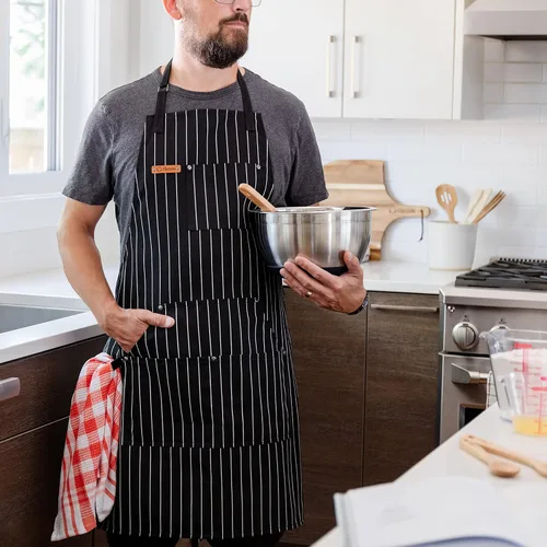 Miniatura 8 de Chef Pomodoro Delantal de chef para hombre y mujer, delantal de cocina con bolsillos y correas ajustables para el cuello, delantal de cocina 100%