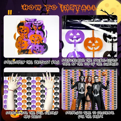Miniatura 2 de Cortinas de flecos de aluminio con patrón de calabaza para decoraciones de fiesta de Halloween, telón de fondo de pesadilla de Jack Nightmare