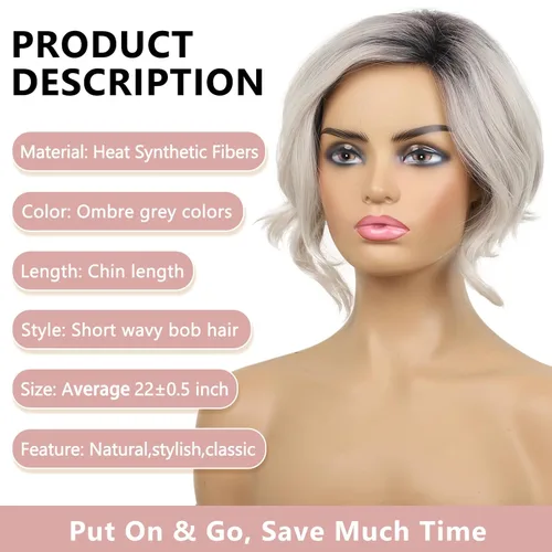 Miniatura 3 de TISHINING Pelucas cortas onduladas de color gris degradado para mujeres negras, longitud de barbilla, pelucas onduladas en capas grises mixtas