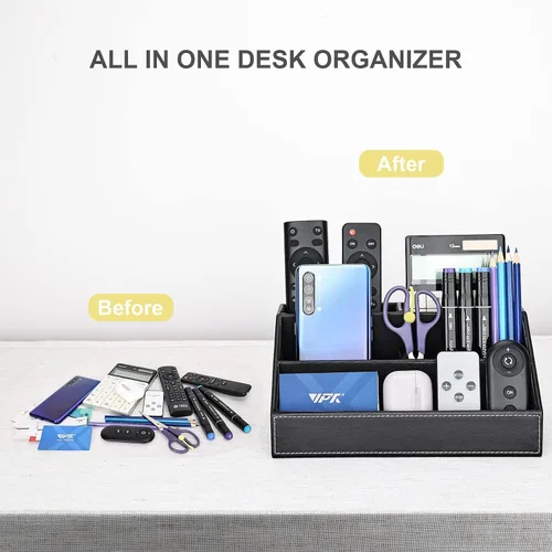 Miniatura 4 de KINGFOM™ Caja de almacenamiento y organizador de papelería multifunción para escritorio; estructura de madera y piel para la oficina del hogar; Negro