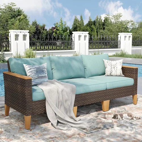 Miniatura 18 de PHI VILLA Otomana de mimbre para patio, 2 piezas, asiento otomano de mimbre para todo tipo de clima, reposapiés para exteriores con cojines