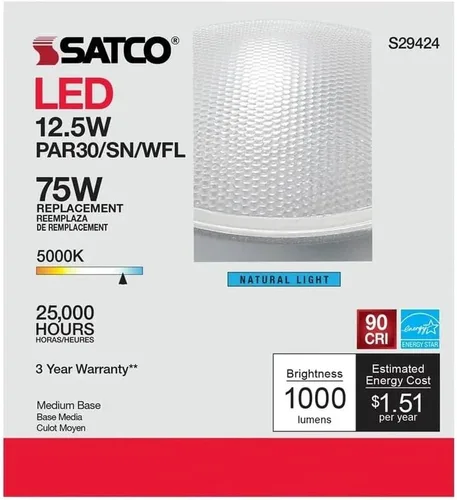 Miniatura 8 de Satco Bombillas reflectoras LED de cuello corto de 12.5 W, 120 V, PAR30, 5000 K, luz diurna, 1000 lúmenes, E26, base media, regulable, ubicación