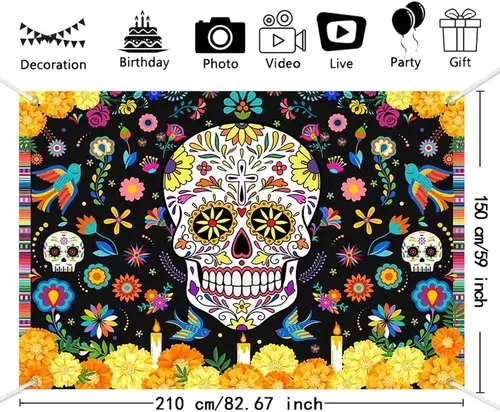 Miniatura 3 de MEHOFOND Telón de fondo del Día de los Muertos de 7 x 5 pies, diseño de calavera de azúcar Dia De Los Muertos, fondo de fotografía, Fieasta