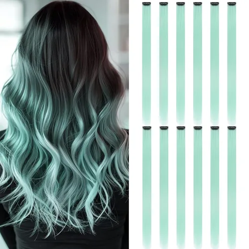 Miniatura 22 de Paquete de 12 extensiones de cabello de colores arcoíris, mechones para fiestas, 22 pulgadas, extensiones de cabello coloridas con clip, mechones