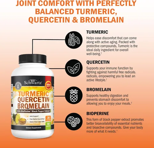 Miniatura 4 de Suplemento de quercetina de cúrcuma con bromelina, apoyo natural extra fuerte para el sistema inmunológico y articular con pimienta negra BioPerine