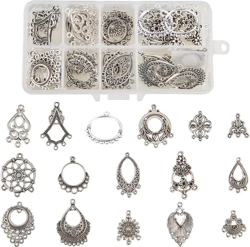 Miniatura 14 de SUNNYCLUE 1 caja de 64 piezas surtidas de lámparas de araña, estilo tibetano, bronce antiguo, atrapasueños, aretes, hallazgos, bucles, conectores